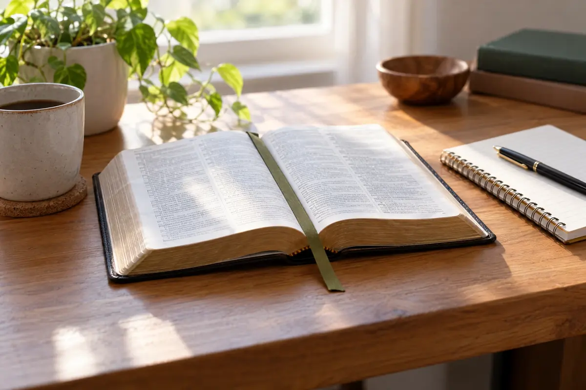Bíblia aberta ao lado de um caderno para uma primeira leitura cuidadosa