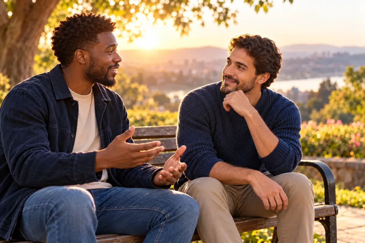 Duas pessoas conversando com atenção em um ambiente acolhedor e respeitoso