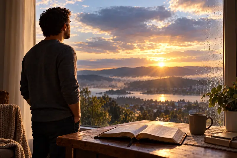 Pessoa contemplando um horizonte luminoso enquanto atravessa uma paisagem silenciosa