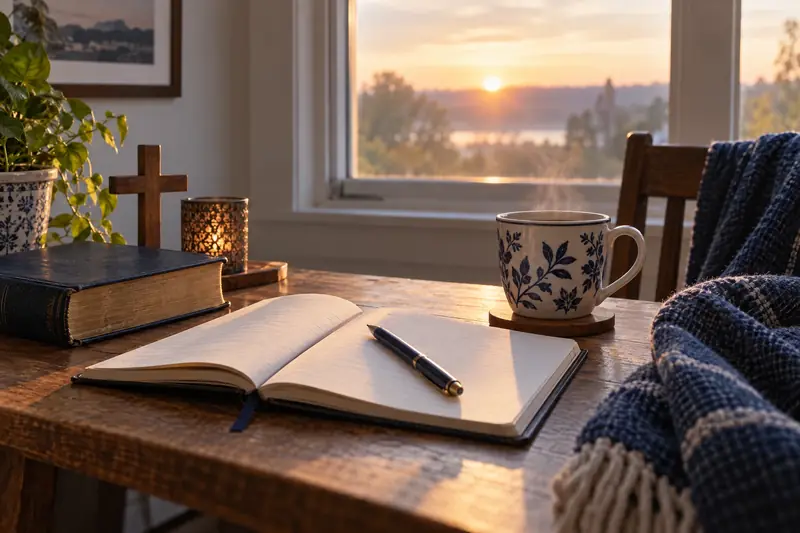 Caderno aberto e caneca sobre uma mesa iluminada pela manhã