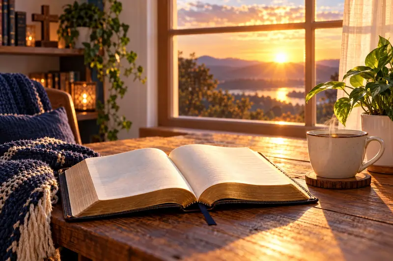 Bíblia fechada e luz suave da manhã sobre uma mesa de leitura